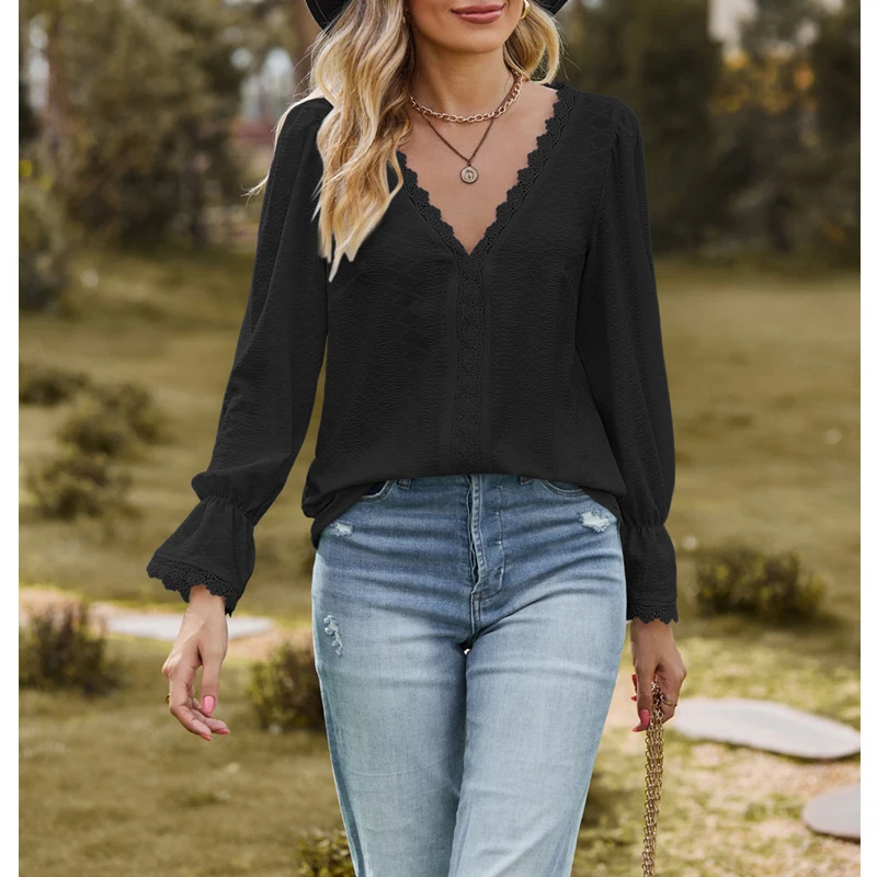 Женская футболка с кружевом V-образным вырезом и длинным рукавом