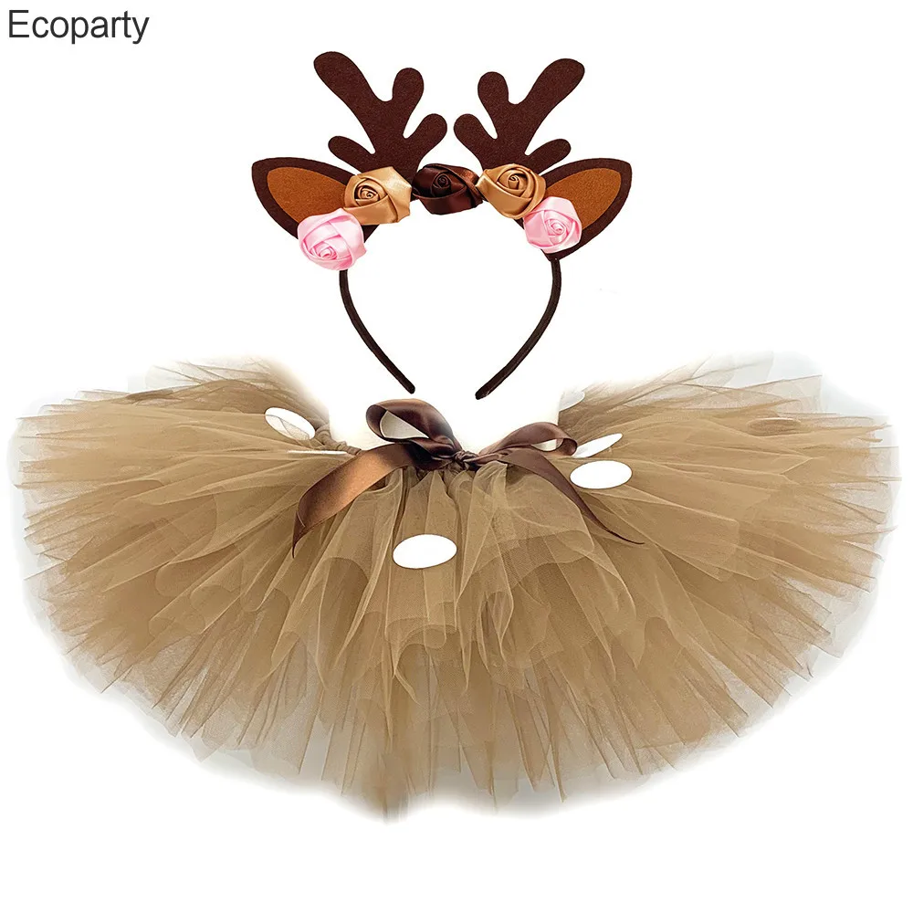 

Пышная юбка-пачка для маленьких девочек, с коричневым оленем, Рождественский костюм, детская фатиновая юбка с оленями для Хэллоуина, Пурим, ...