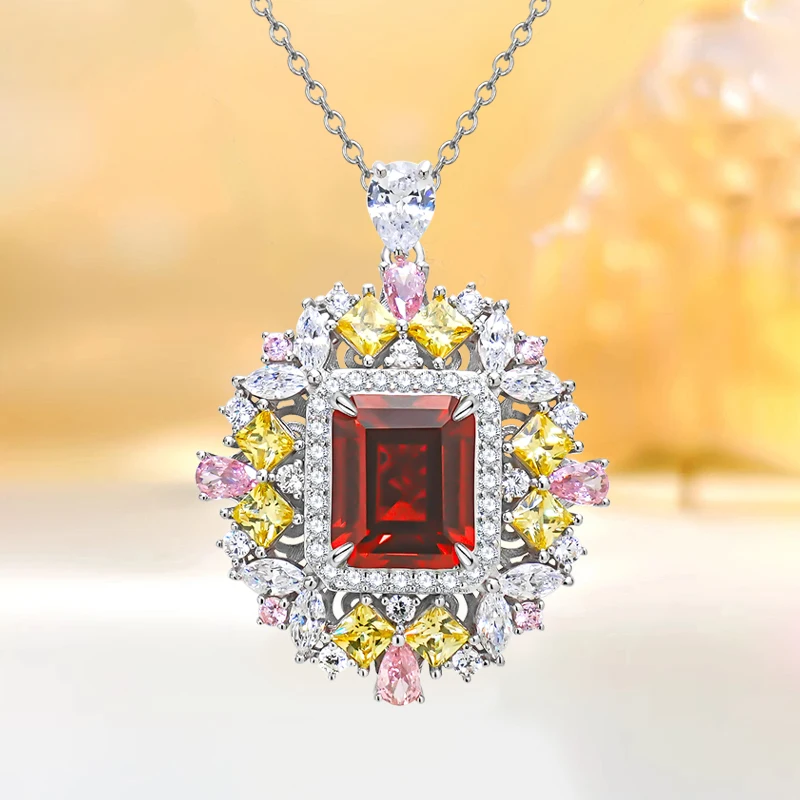 

Seiko Luxury Fashion Artificial Red Treasure Emerald Cut 925 Silver Pendant Inlaid with High Carbon Diamond Small Design