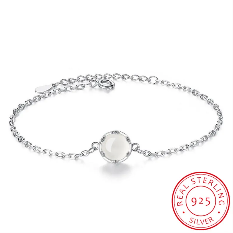 

Simple 925 Sterling Silver Chain Bracelets Chalcedony Moonlight Stone Bracelets & Bangles For Women pulseira S-B97