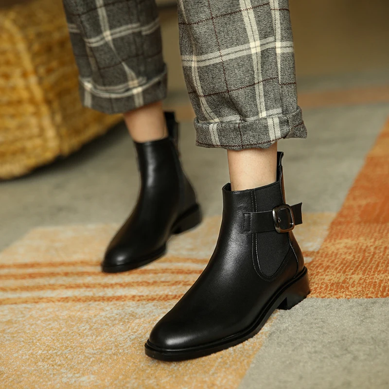 MythLuo Pumps Ankle Boots For Women Chunky Heels Short Boots Cow Leather Round Toe Side ZIP Office Ladies Casual Shoes Retro