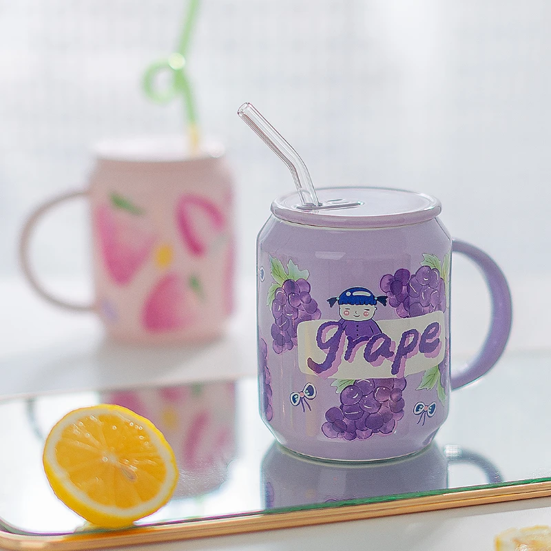 

450ML Can Ceramic Straw Personalized Mug Cool Ceramic Cup Gift Home Kitchen Drink Cup Creative Water In Summer Cups