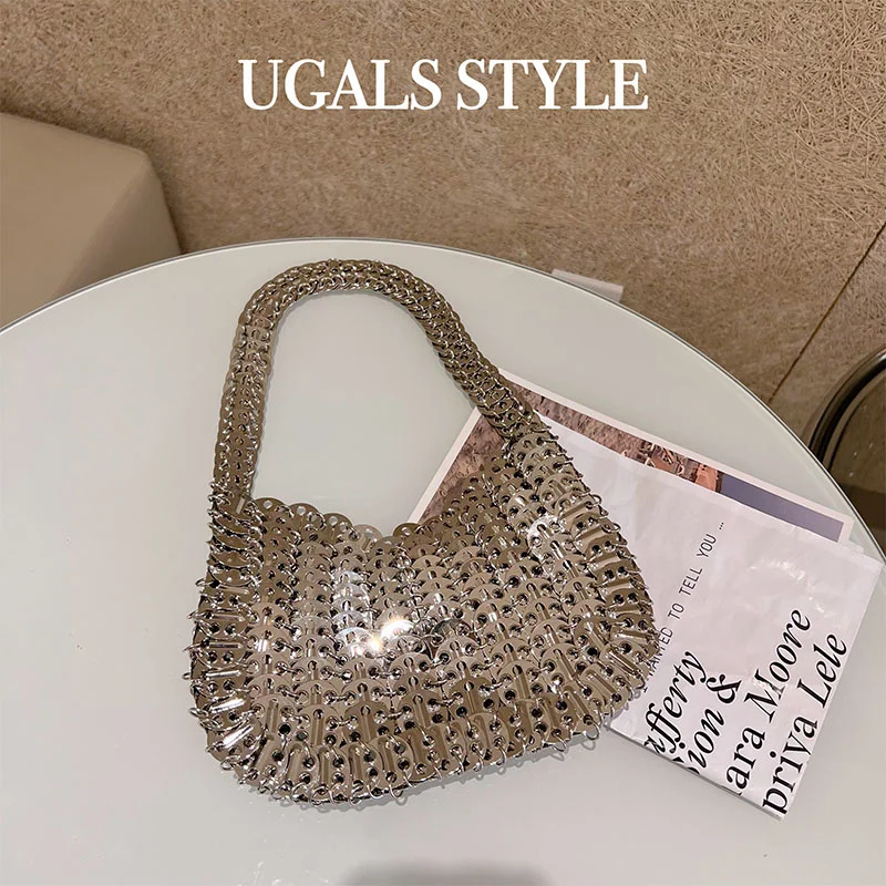 

Metal Glossy Handwoven Sequins Dumpling Shoulder Under Arm Bag Cell Phone Bag Ladies Handbag Evening Bling Bag