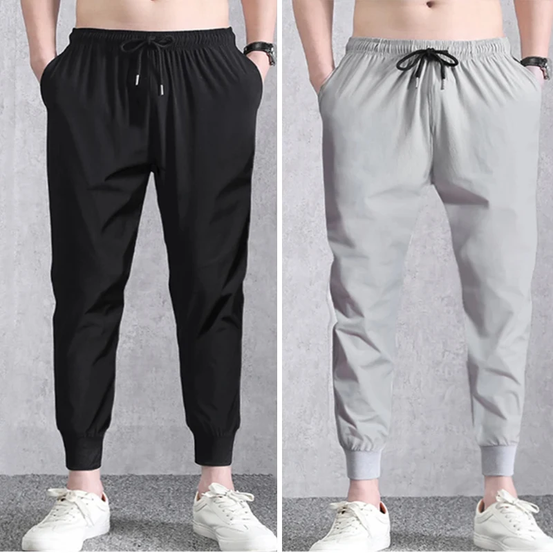 

Casual Sweatpants for Men Summer Ice Silk Trousers Elastic Waist Sport Men's Jogging Pants