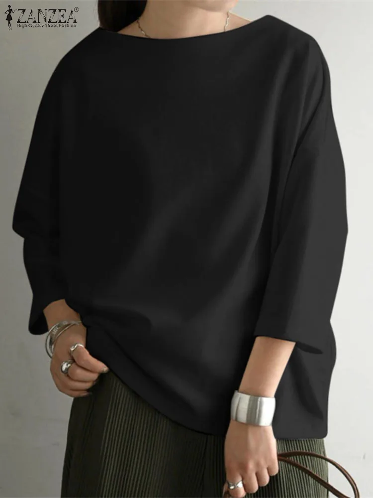 

ZANZEA Fashion Solid Color Blouses Elegant Autumn Women's T Shirt 3/4 Sleeve O-Neck Tops Female Oversized Tunic Casual Chemise