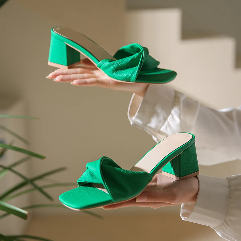 

Slippers Shoes Woman Summer 2022 Trends Elegant Medium Heels Women's Slides Mules Home Elegant Party Sandals Green Luxury Pumps