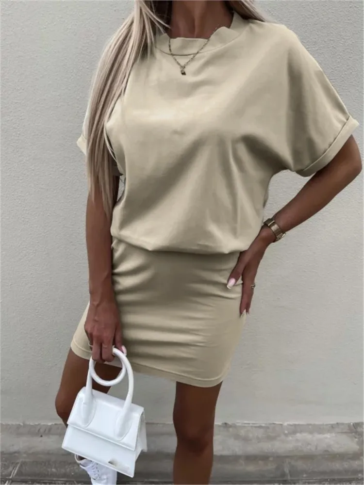 

Summer Women's Solid Color Casual Sweatshirt Dress 2023 Lady Office Package Hips Short Sleeve Mini Dresses Sports Clothing