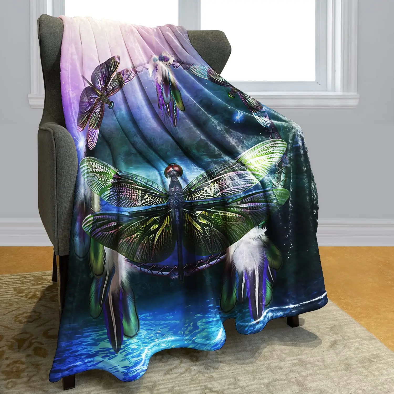 

Dragonfly Animal Fleece Blanket Comfortable Soft Bedroom Decor Dream Catcher Decorative Printed Flannel Plush Throw Blankets Rug
