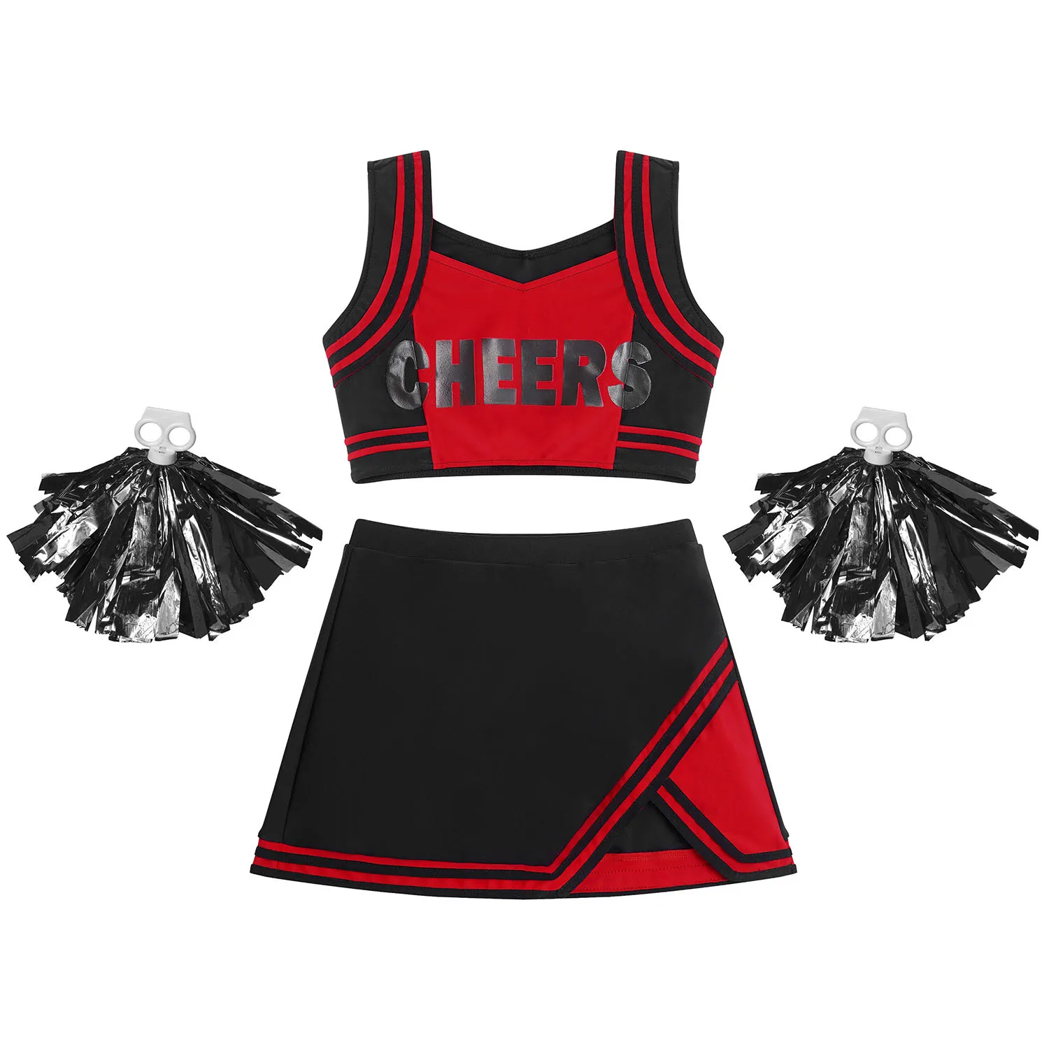 

Kids Girls Cheerleading Costume Sleeveless Wide Shoulder Straps Letters Printed Crop Top with Skirt And 1 Pair Flower Balls