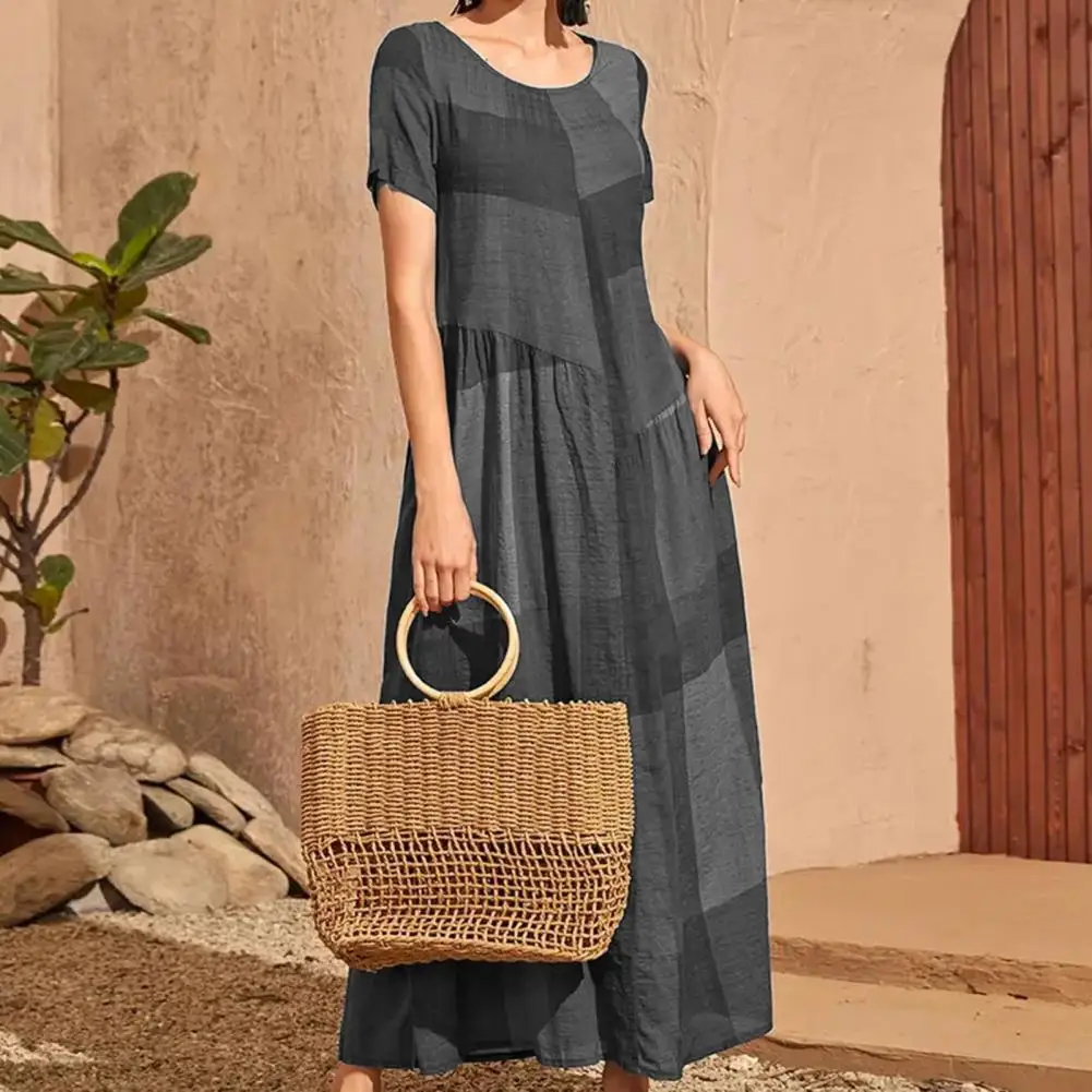 

Women Dress Round Neck Summer Dress Patchwork Maxi Dress Loose Hem Pleated A-line Dress Ankle Length Short Sleeves Dress