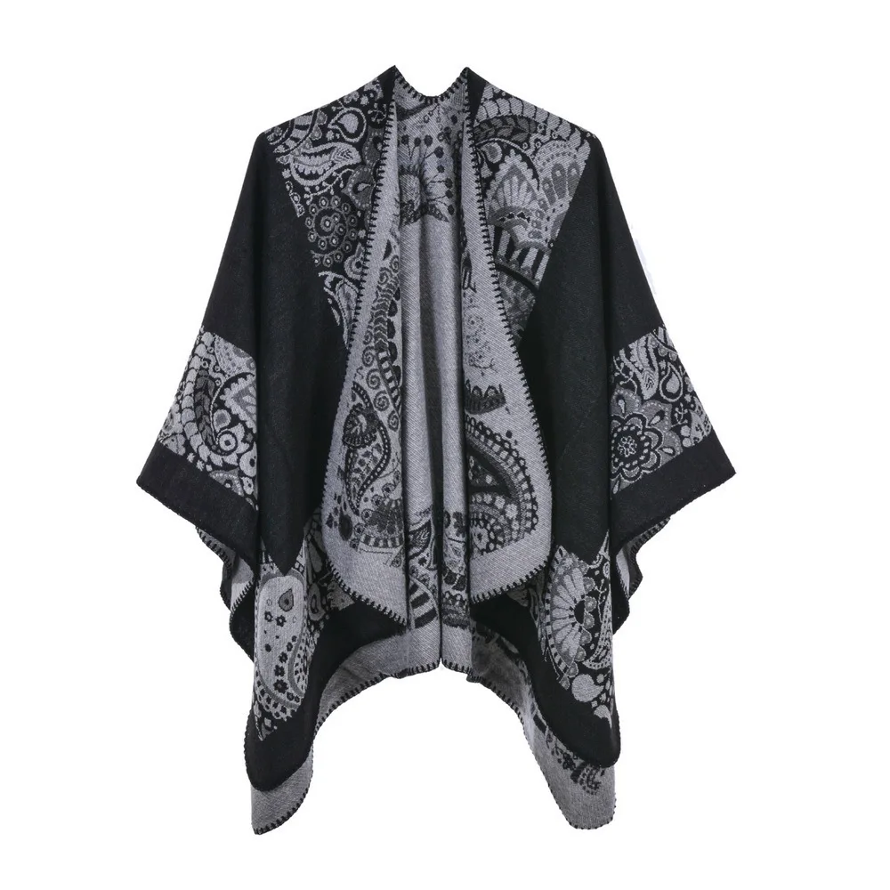 Autumn Winter Printing Double Faced Double sided Split Warm Cape Women Imitation Cashmere  Poncho Lady Capes Black Cloaks