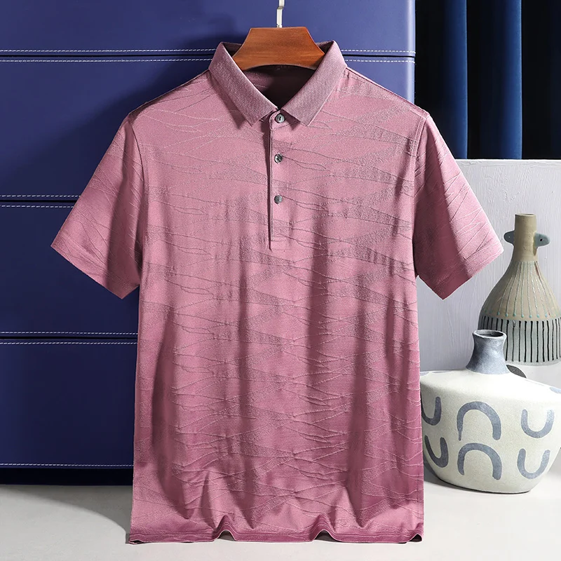 

Men's T-shirt Summer Mulberry Silk Acetate Blend Short-Sleeved T-shirt Contrast Color Striped Thin High-End Lapel Polo Shirt