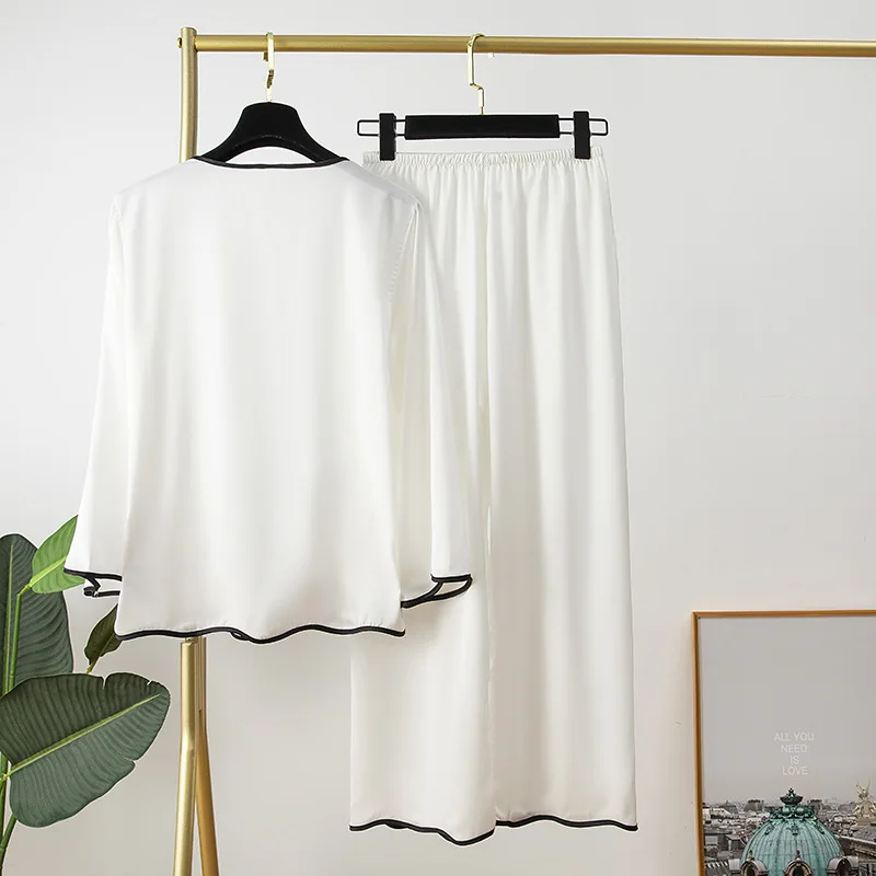 breathable leisure Ice silk pajamas women's sleep long-sleeved fashion casual simple loose suit silk two-piece home clothes