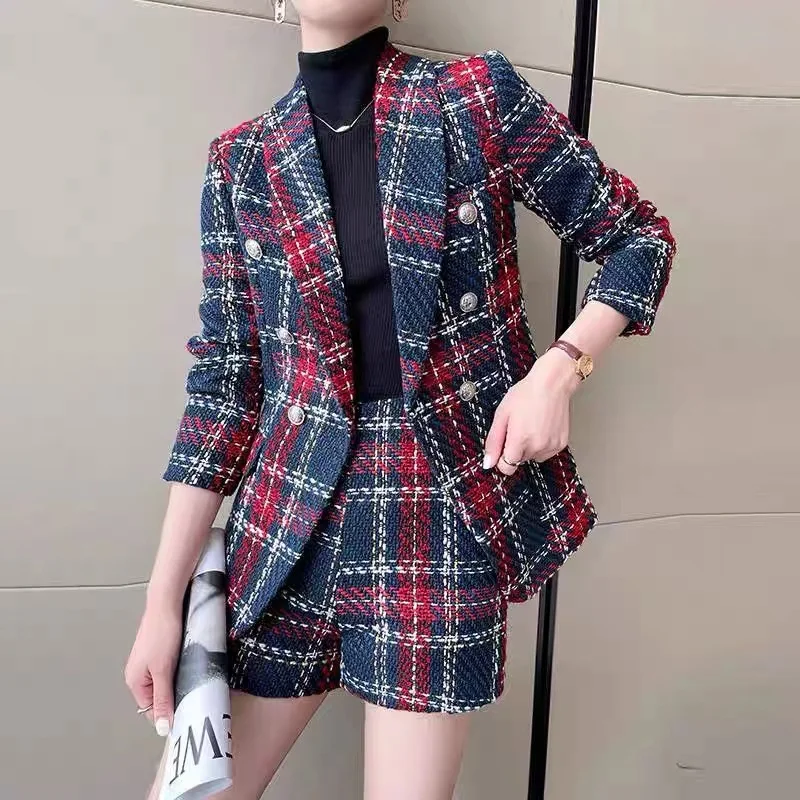 

Small Fragrant Plaid Tweed Shorts Two Piece Set Autumn Winter Notched Double-Breasted Slim Blazer Coat + High Waist Shorts Suit