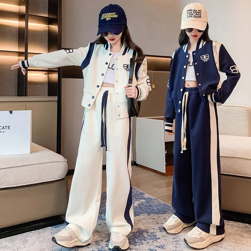 

Новинка Весна 2023, костюм для девочек, весенняя одежда, Корейский пиджак с надписью среднего размера, длинные брюки, зарубежный комплект из двух предметов