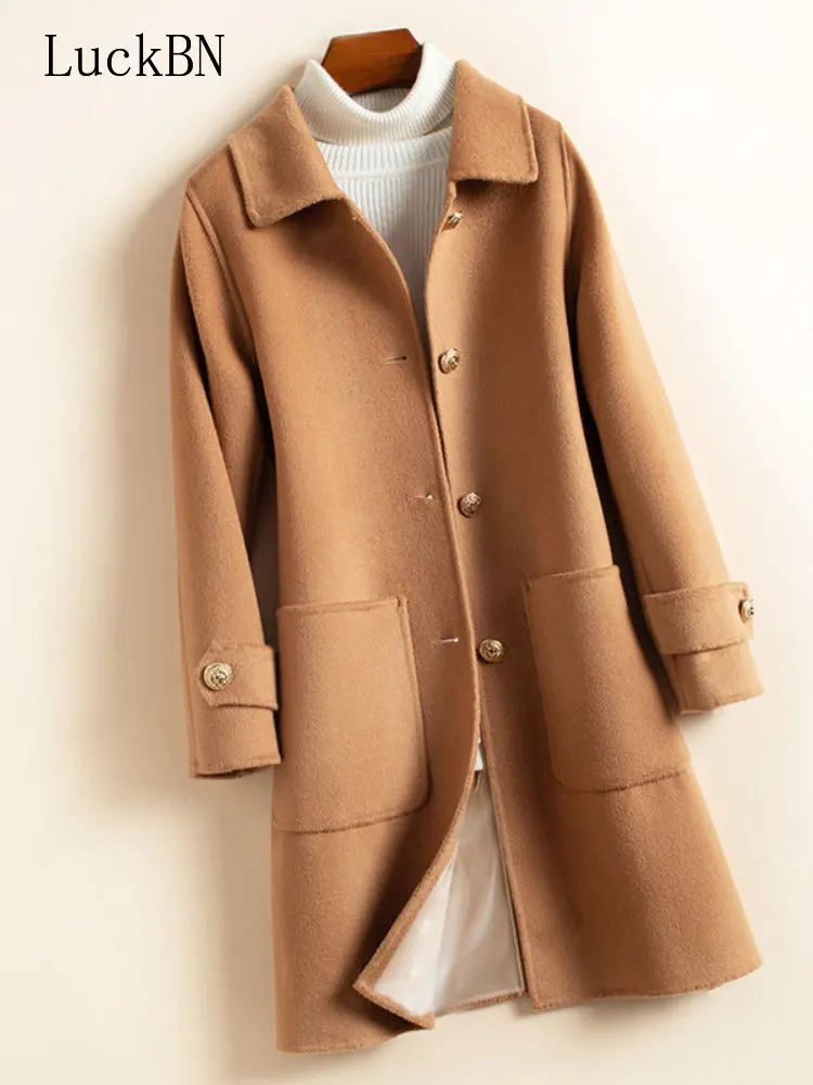 

Autumn Winter Women's Wool Coat Solid Color Long Jacket Female Korean Style Wool & Blends Office Lady Thick Warm Coat Women New