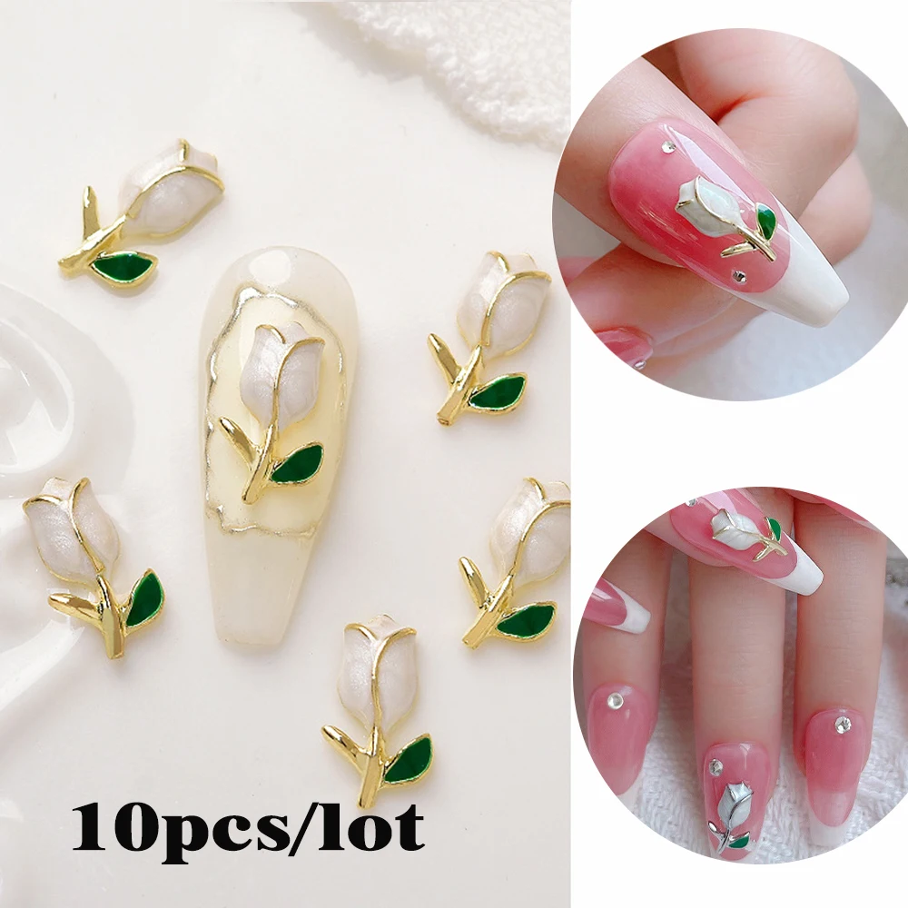 

10PCS Enamel Tulips Flowers Nail Art Decorations 9mm*3colors Pink/White Tulips 3D Nail Charms For Alloy Metal Luxury Flower &*&