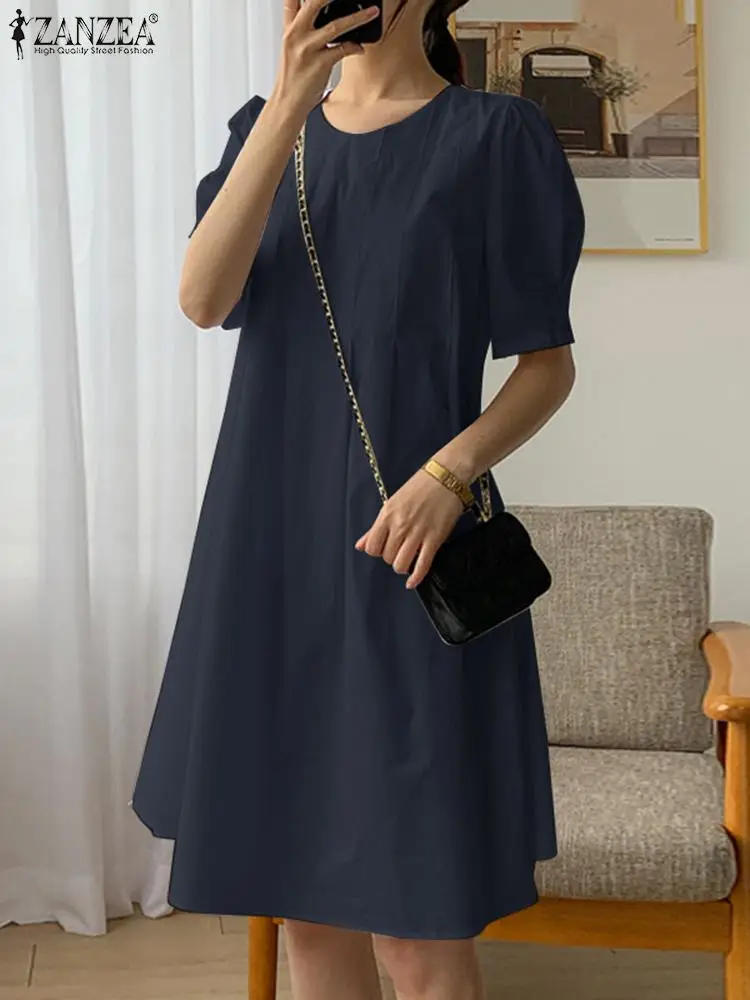 

Женское летнее праздничное платье ZANZEA, модное корейское платье с круглым вырезом и рукавом до локтя, Однотонный сарафан, повседневный свободный халат средней длины, кафтан
