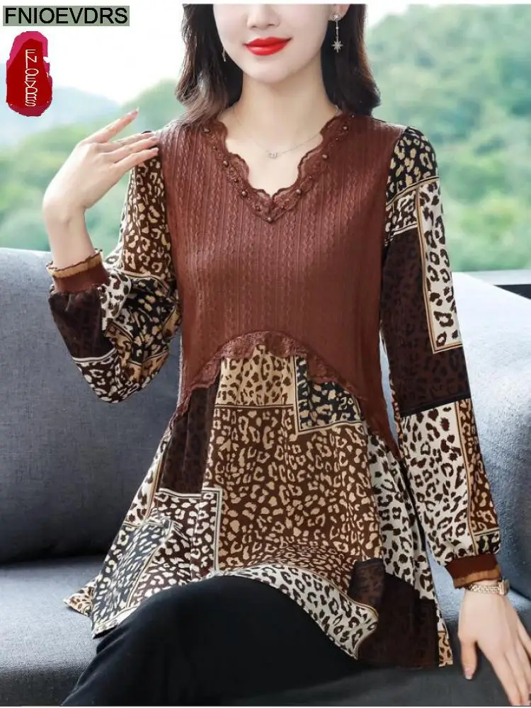 

L-5XL Tunic Ruffle Top Hot Sale Women Long Sleeve Elegant Office Lady Patchwork Sheer Belly Design Leopard Peplum Shirts Blouses