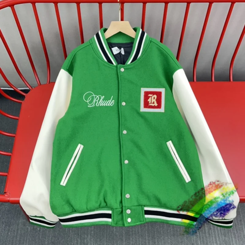 

Green RHUDE Bomb Jacket Men Women Best Quality Embroidery Baseball Jacket Woolen Outerwear Coats