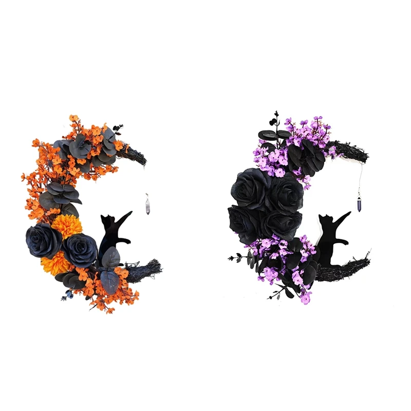 

Halloween Signs Moon Shaped Door Wreaths Goth Roses Black Cats Garland Front Door Ornament Halloween Decor, B Durable