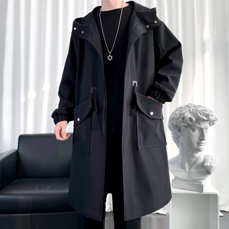 Long Trench Coat Jacket Men Cotton Autumn Spring Black Hip Hop Japanese Coats Streetwear Men's Hooded Army Green Casual Jackets