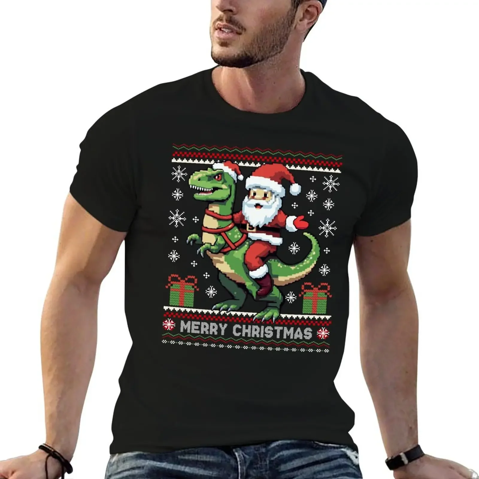 С Рождеством Забавный Санта-Клаус для верховой езды TRex Dinosaur Ugly Christmas Sweater Style T-Shirt