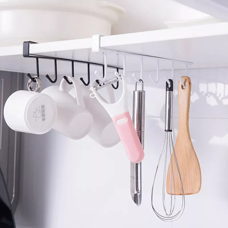 

Iron 6 Hooks Storage Shelf Wardrobe Cabinet Metal Under Shelves Mug Cup Hanger Bathroom Kitchen Organizer Hanging Rack Holder