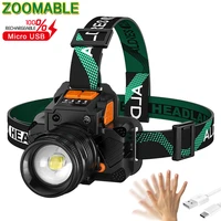 t8l9 led sensor headlamp rechargeable headlight long range zoomable fishing head torch waterproof built in battery white yellow