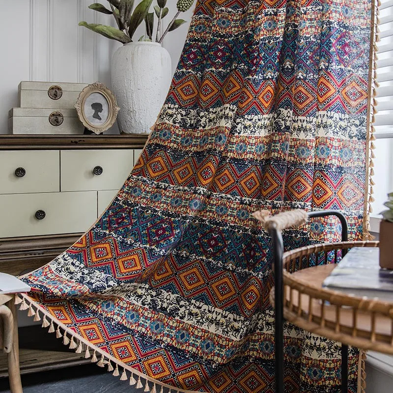 

Bohemian Ethnic Color Square Printed Farmhouse Light And Breathable Small Window Kitchen Curtain Bedroom Semi Blackout Curtain