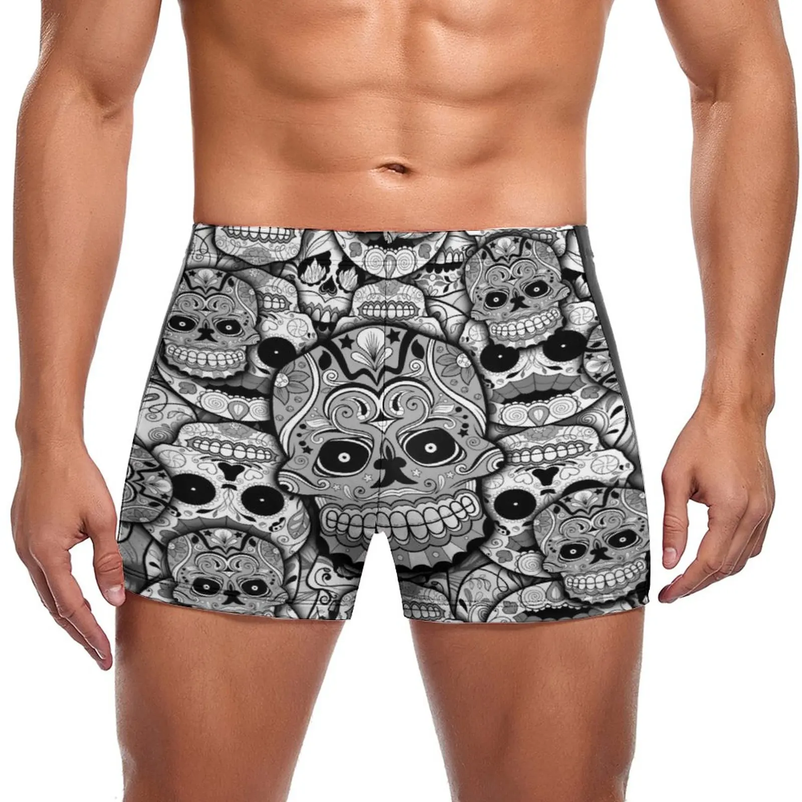 

Black White Skeleton Swimming Trunks Day Of The Dead Calaveras Trending Beach Swim Boxers Large Size Quick Dry Man Swimwear