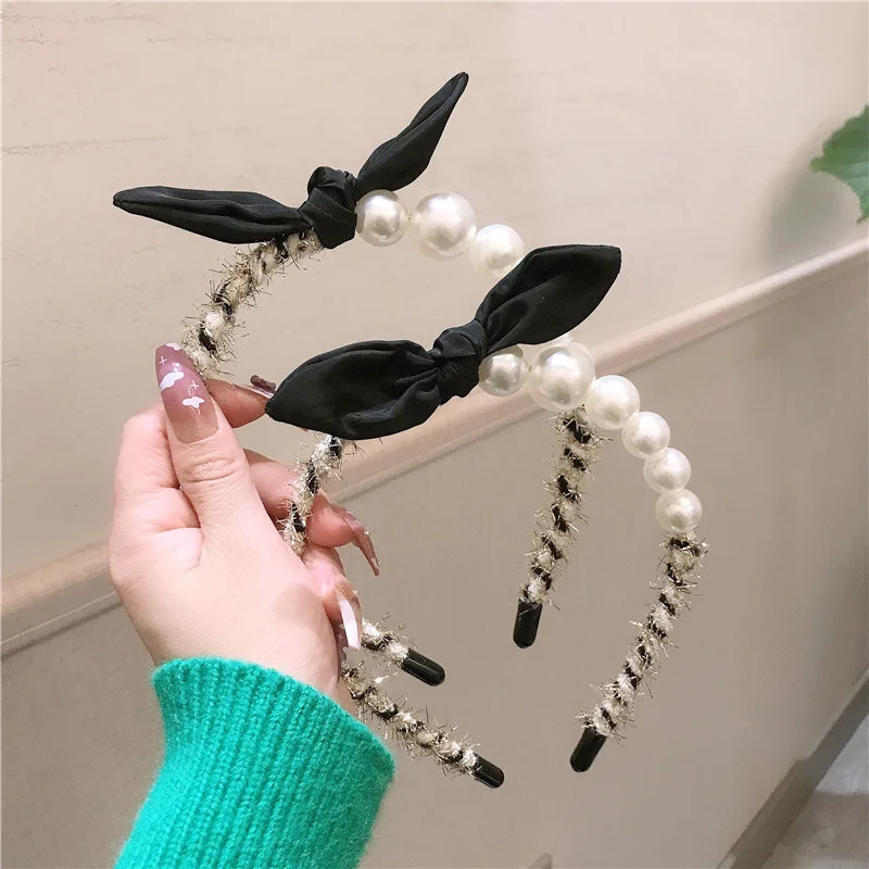 

Cute Rabbit Ears Bow Hair Hoop Headwear Small Fragrance Pearl Headband Hair Jewelry Retro French Princess Girl Hair Accessories