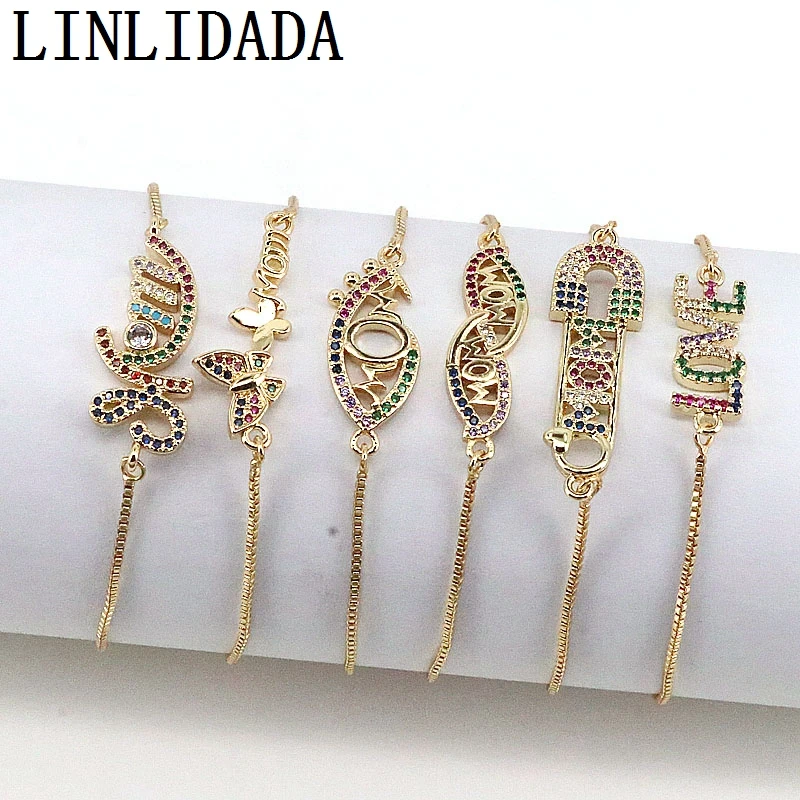 

8 шт. золотые браслеты Love MoM для женщин, разноцветные циркониевые безопасные булавки с фианитами, аксессуары для подарка