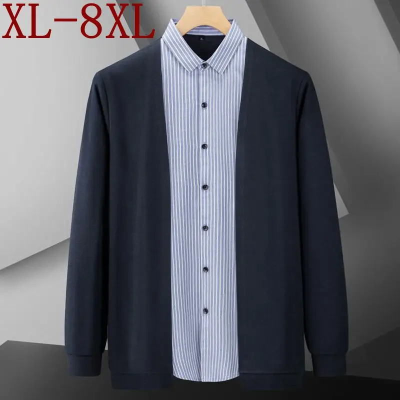 

8XL 7XL 6XL New Fall High End Fashion Designer Fake Two Pieces Loose Cardigan Men Clothing Striped Mens Jackets Casual Cardigans