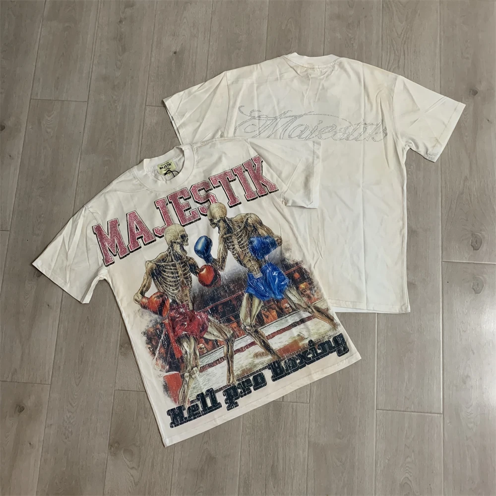 Фото Футболка Apricot Majestik Tee 2026 с принтом Skeleton Boxing Match для мужчин и женщин, лучшее качество, из плотной ткани, топы, футболки №4