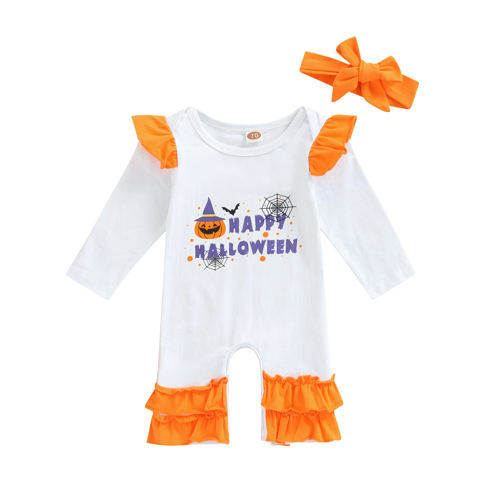 

2022-06-29 Lioraitiin Baby Girls 2Pcs Halloween Outfits Long Sleeve Pumpkin Letter Print Jumpsuit Headband Set