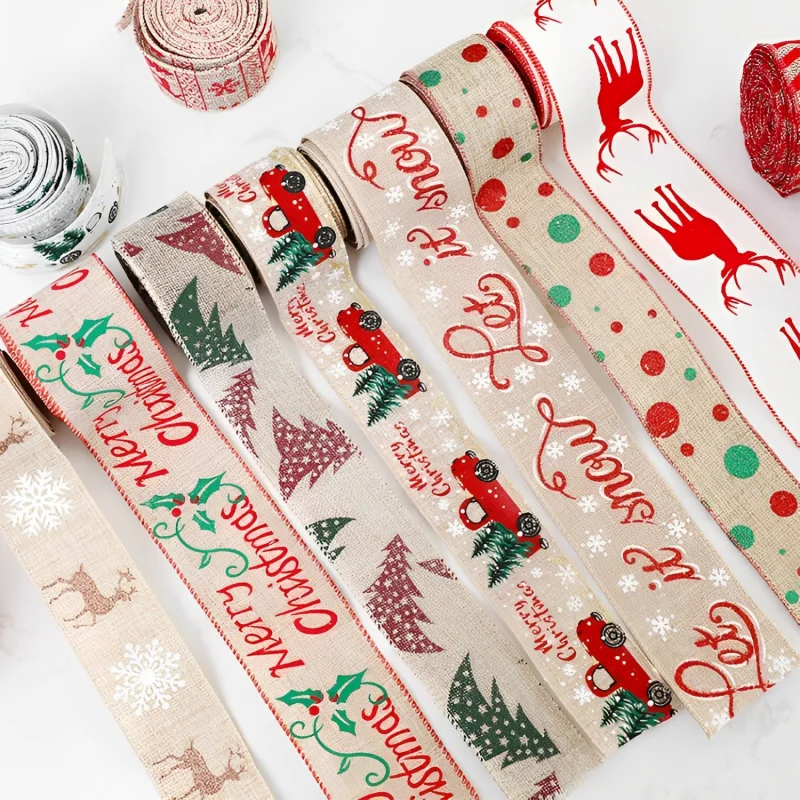 

2M Christmas Ribbon Burlap Christmas Tree Deer Car Print Ribbons DIY Bows Bouquet Cake Decor Christmas Party Decor Supplies