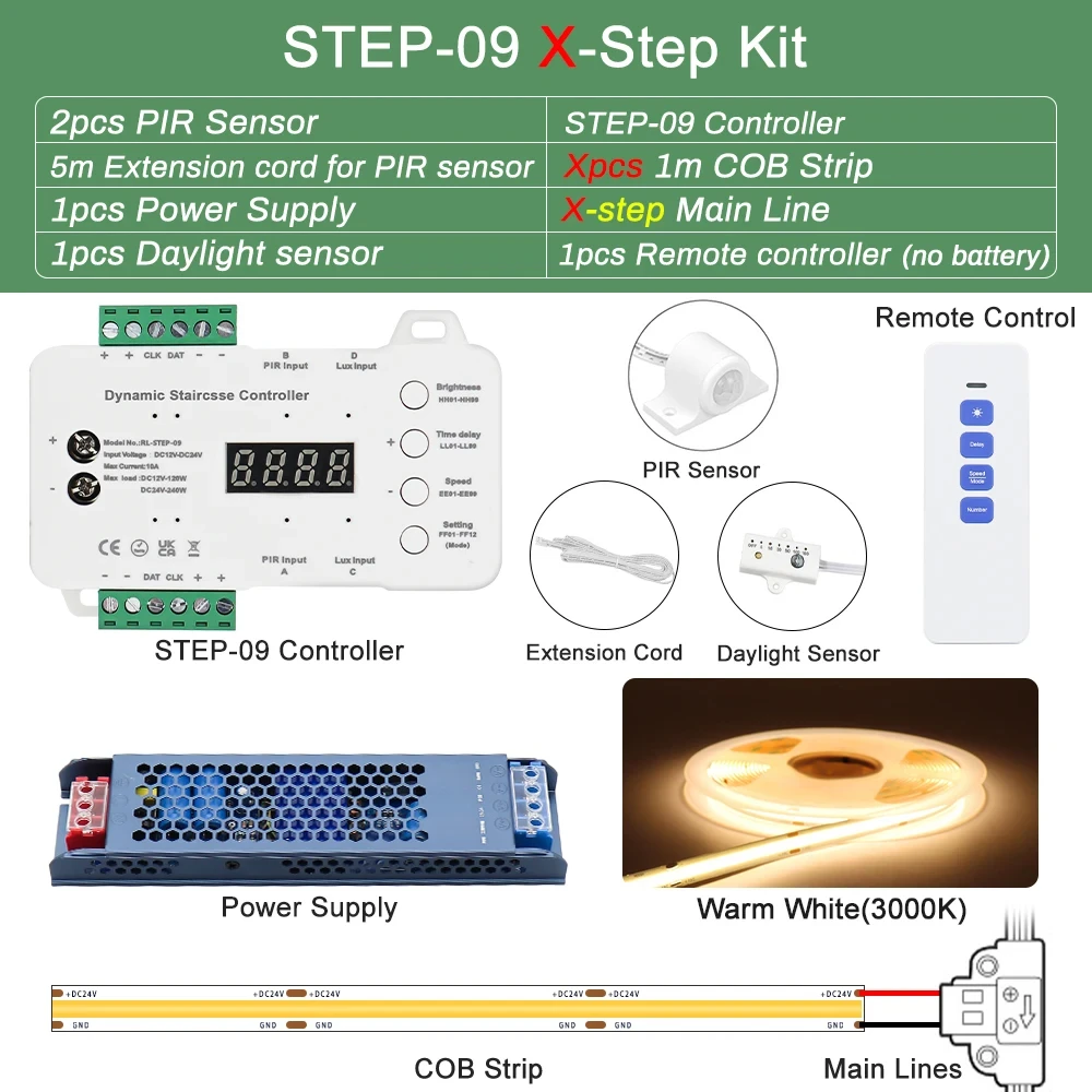 

Светодиодная лента для лестниц FOB COB, датчик движения, 5-40 ступеней