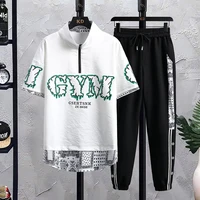 new summer mens 2pcs sets fashion tracksuit short sleeve t shirts and full length pants suit casual youth top teestrousers set
