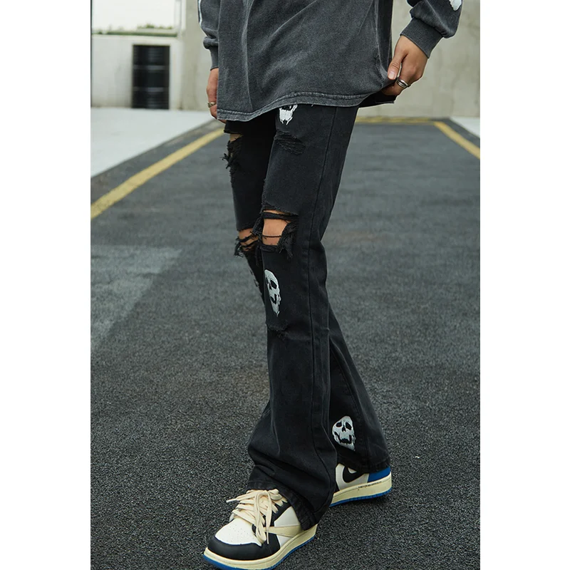 Streetwear Men 2022 Autumn New Skull Print Pattern Self-cultivation Elastic Force Straight Pants Blue Recreational Jeans Female