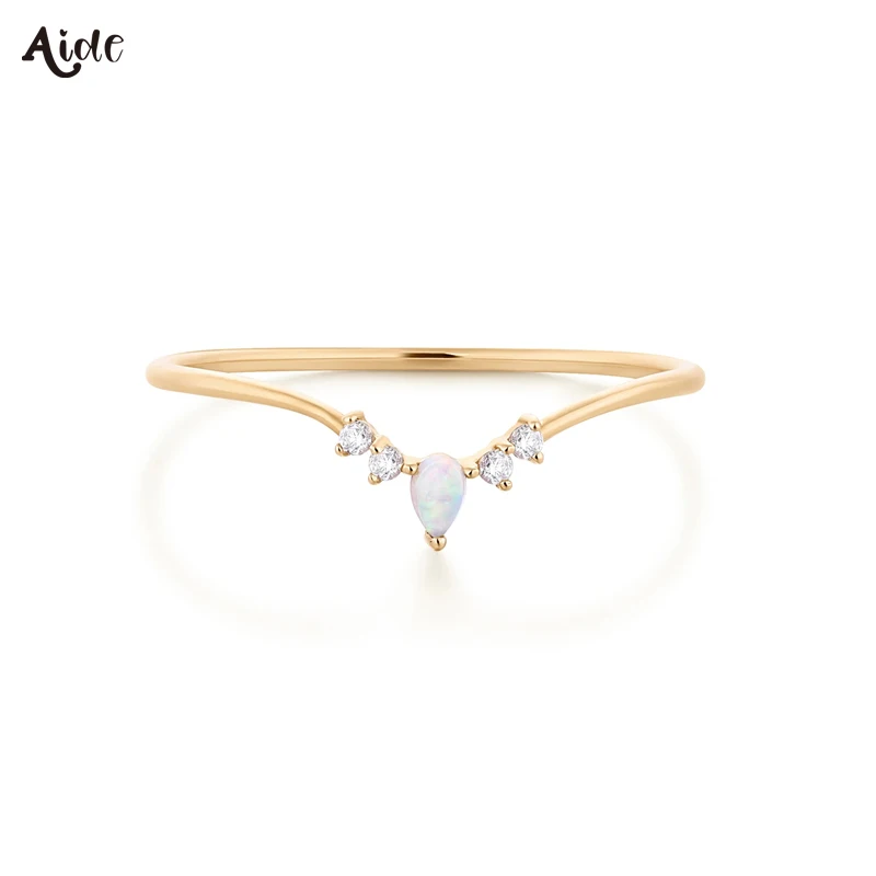 Aide Presale Solid Gold Jewelry 9K/10K/14K/18K/24K Gold V Shape Opal Zircons Wedding Ring For Women Delicate Slim Stackable Ring