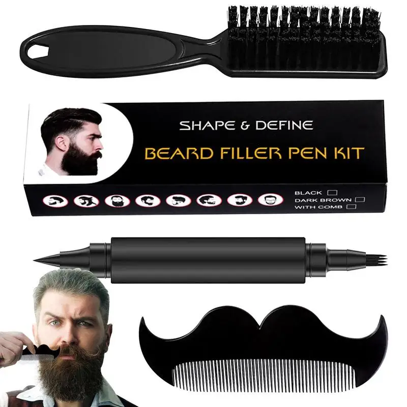 

Barber Pencil With Brush Comb Beard Filling Pen Kit Salon Sweat Proof Facial Hair Styling Tool Male Mustache Repair Beard Shape