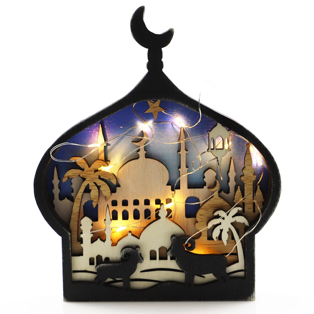 

2023 Eid Mubarak Decoration Wood Moon Ornaments Muslim Islamic Festival Party Ramadan Kareem Decoration Led Lights Decor