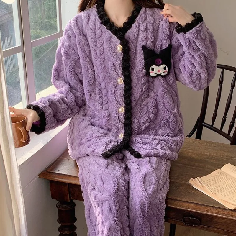 

Одежда для сна Женская осенне-зимняя Пижама Новинка 2024 утепленная одежда для отдыха жаккардовый плюшевый женский мультяшный комплект верхней одежды для дома