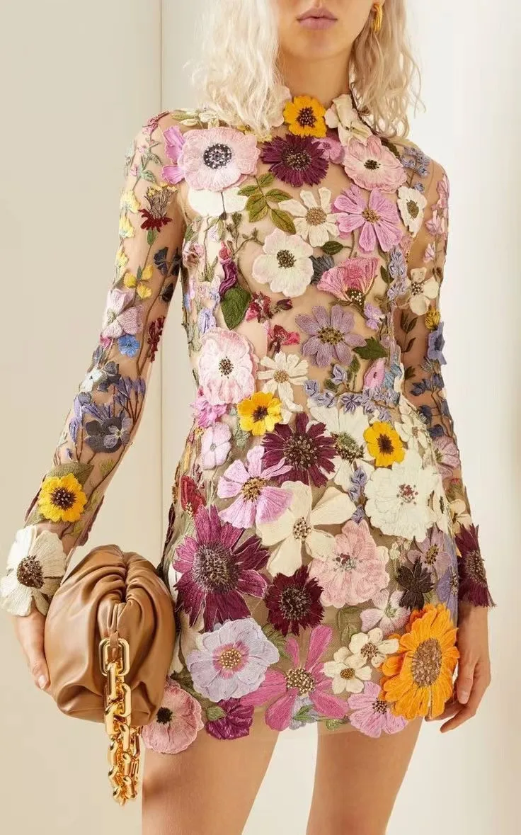 

Женское весеннее элегантное облегающее платье 2023, женское модное кружевное платье мини с цветочной вышивкой, длинным рукавом и круглым вырезом