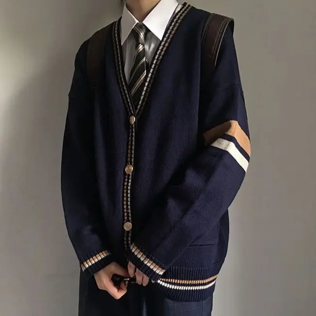 Spring Autumn Solid Stripes Casual Knitted Long Sleeve Cardigan Men Loose Top Sweater Gentle College Style Students Unisex DK JK