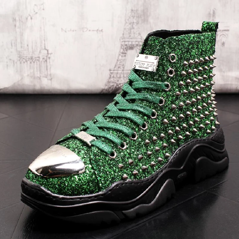 

Мужские ботильоны с заклепками, зеленые блестящие мужские модные высокие кроссовки с шипами, ботинки с кошачьими ушками