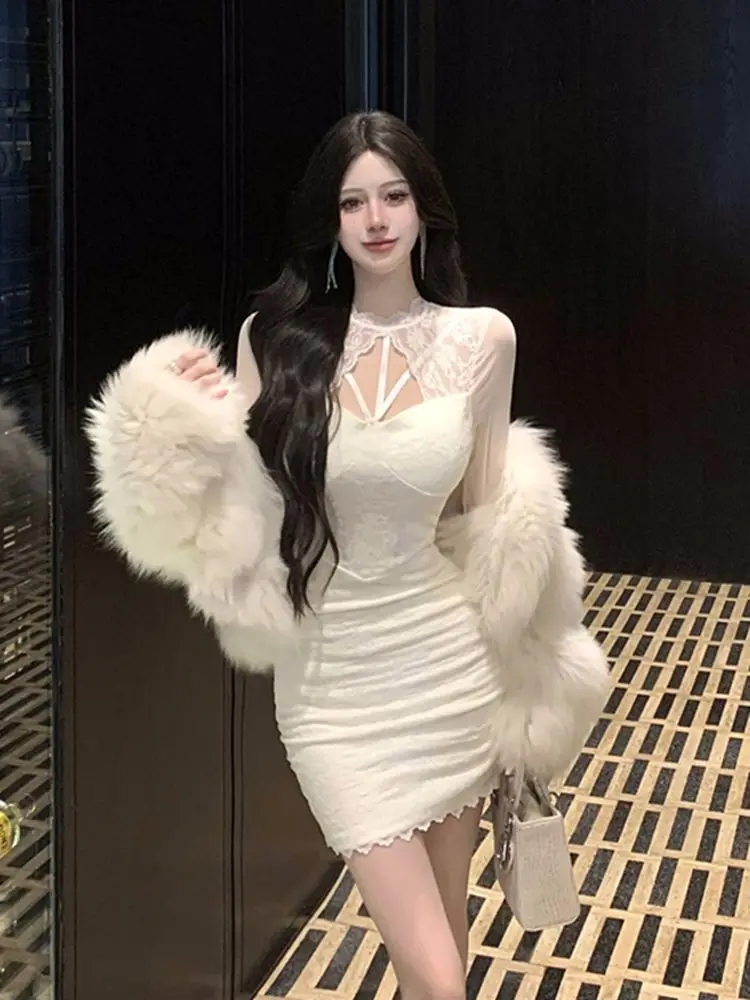 Белое кружевное платье Pure Desire с вырезами женские осенние и зимние темпераментные