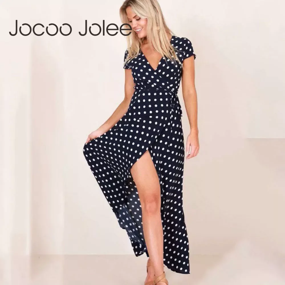 

Summer Ladies Long Split Dress Polka dot Beach Dress Maxi Dress Women Evening Party Dress Floor-length Beach Hobo Sundress