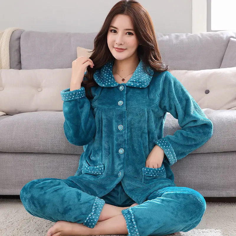 

Warm Flannel Pajamas Set For Women Thick Coral Velvet Long Sleeve Pyjamas Sets nightgown Pijama Suit Mujer female Homewear
